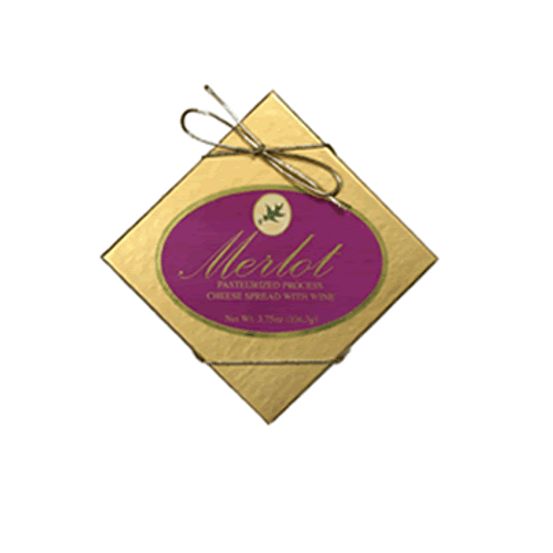 #1080 3.75oz Northwoods Cheese Company Premier Merlot Wine Cheese Spread Box, wrapped like a gift in a gold box with stretch bow