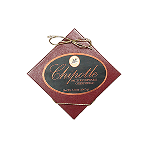 1078 3.75 oz. Northwoods Cheese Company Premier Chipotle Cheese Spread Box Shelf Stable Cheese Spread, wrapped like a gift in a burgundy box with stretch bow, 