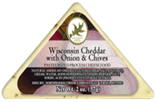 1099 2oz Northwoods Cheese Wisconsin Onion and Chive Triangle. Shelf Stable Cheese. Gluten Free. Non-GMO NO REFRIGERATION NEEDED
