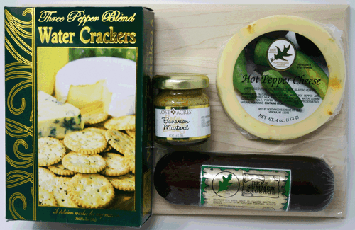 Gift 102G Northwoods Cheese Wisconsin Delights with Hot Pepper Cheese Gift. Our American Hardwood cutting board measuring 6.5"x 10" is the base for this popular gift. 4oz of Wisconsin Hot Pepper cheese, 5oz of Northwoods Cheese All-Beef Summer Sausage, 1.4oz of Mustard and a 2oz Box of Three Pepper Water Crackers. Assembled by Persons with Disabilities Gift 102G Northwoods Cheese Wisconsin Delights with Hot Pepper Cheese Gift. Our American Hardwood cutting board measuring 6.5"x 10" is the base for this popular gift. 4oz of Wisconsin Hot Pepper cheese, 5oz of Northwoods Cheese All-Beef Summer Sausage, 1.4oz of Mustard and a 2oz Box of Three Pepper Water Crackers. Assembled by Persons with Disabilities
