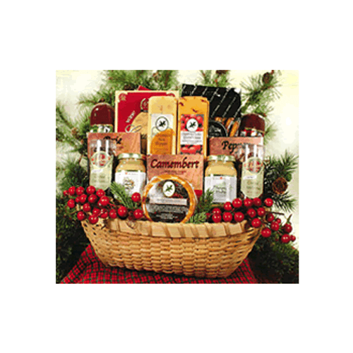 Gift 119 Northwoods Cheese Bounty Basket Our best selling gourmet foods. 6oz Naturally Hickory Smoked Gouda Cheese, 3.75oz Camembert Cheese Spread, 3.75oz Brie Cheese Spread, 3.75oz Pepper Cheese Spread, 7oz Wisconsin Hot Pepper Cheese, 7oz Cranberry Cheddar Cheese, 5oz Northwoods  All Beef Summer Sausage, , 4oz of Three Pepper Water Crackers, 6 oz Dipping Pretzels, 3oz Milk Chocolate Coated Cranberries, 3oz Dark Chocolate Coated Cranberries, 2 jars 1.4oz Mustard.