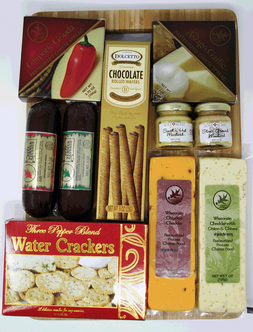 Gift 185 Northwoods Cheese Bamboo Rectangle Cutting board gift bears gourmet goodies. 3.75oz Chipotle Gouda Gourmet Cheese spread, 3.75oz Asiago Garlic Gourmet Cheese Spread, 10oz All Beef Summer Sausage, 2oz Three Pepper Water Crackers, .9oz Dolcetto Wafer Roll Cookies 2.8oz Lost Acres Gourmet Mustards, 7oz Wisconsin Chipotle Cheddar and 7oz Wisconsin Cheddar with Onion and Chives Cheese. Gift 185 Northwoods Cheese Bamboo Rectangle Cutting board gift bears gourmet goodies. 3.75oz Chipotle Gouda Gourmet Cheese spread, 3.75oz Asiago Garlic Gourmet Cheese Spread, 10oz All Beef Summer Sausage, 2oz Three Pepper Water Crackers, .9oz Dolcetto Wafer Roll Cookies 2.8oz Lost Acres Gourmet Mustards, 7oz Wisconsin Chipotle Cheddar and 7oz Wisconsin Cheddar with Onion and Chives Cheese.