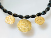 Kenneth Lane Black Glass Beads Gold Hammered Disc Necklace 1980's