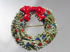 Enameled Holly Wreath Brooch Rhinestones & Bow