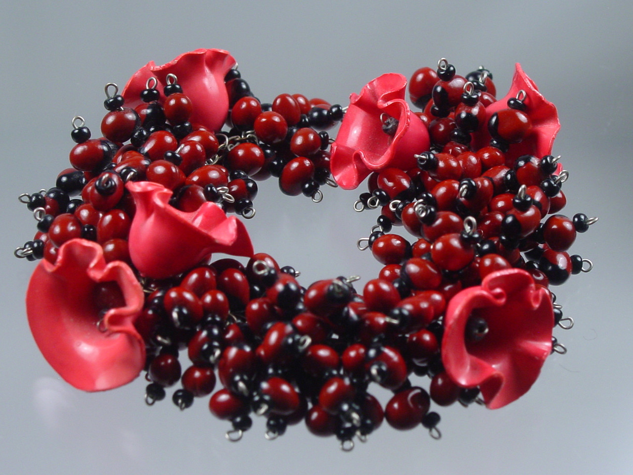 Wine Red Seed Beads with Deep Pink Flowers Bracelet