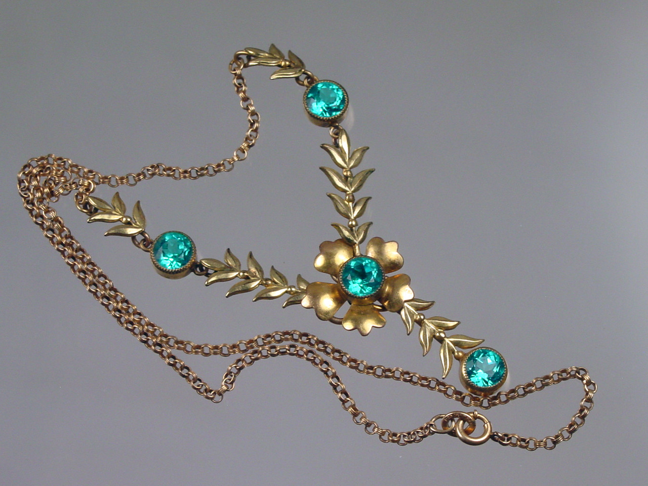 Retro Carl Art Gold Filled Floral Necklace with Blue Crystals