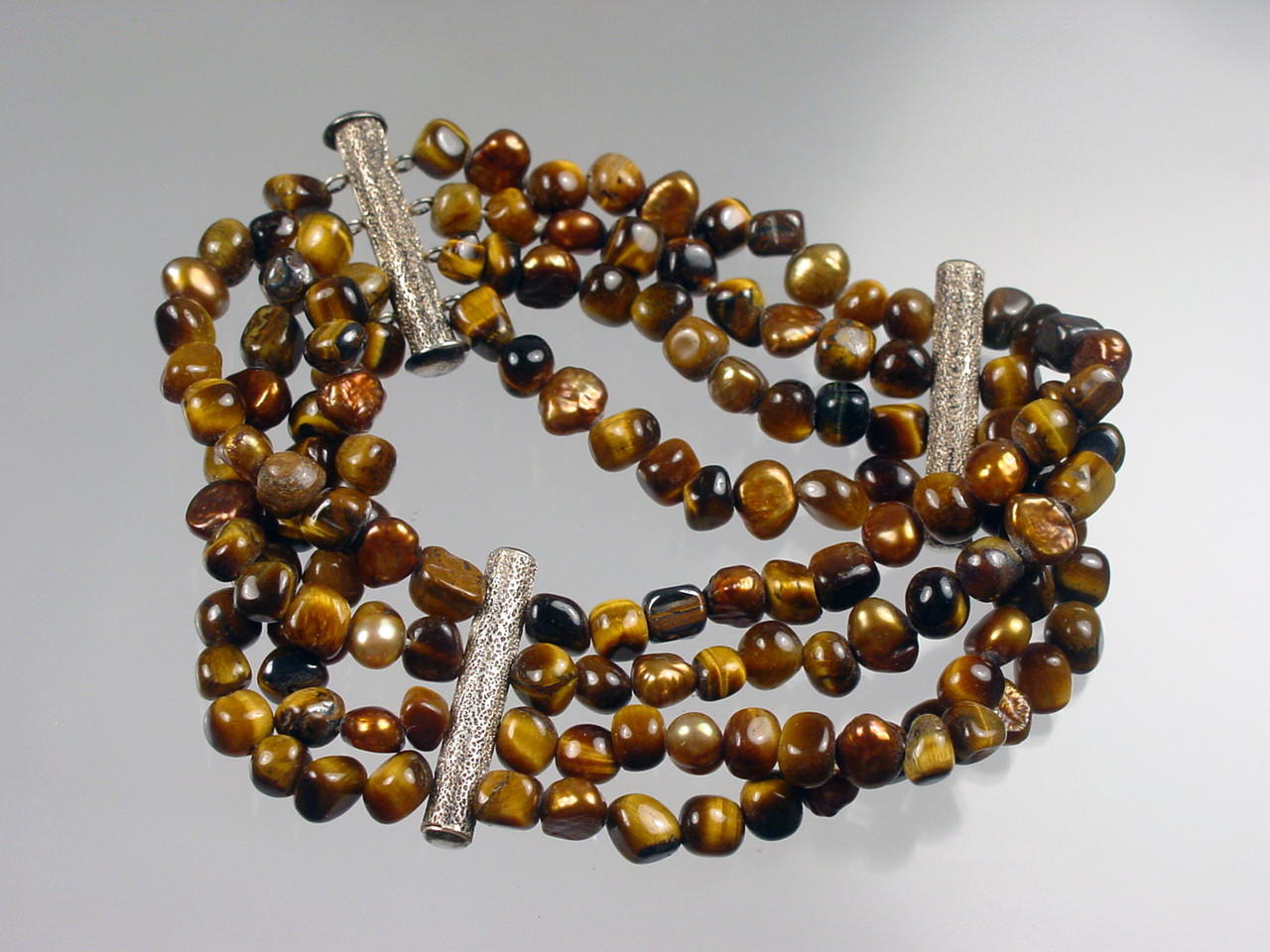 Chocolate Freshwater Pearl and Tiger's Eye Sterling Bracelet