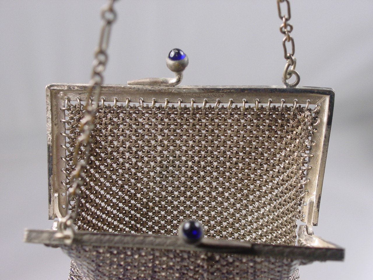 Lot - Two antique Victorian / Edwardian sterling silver hallmarked  chainmail mesh purses; larger French openwork frame by Alexandre Vaguer,  and chatelaine purse dated 1912. 13