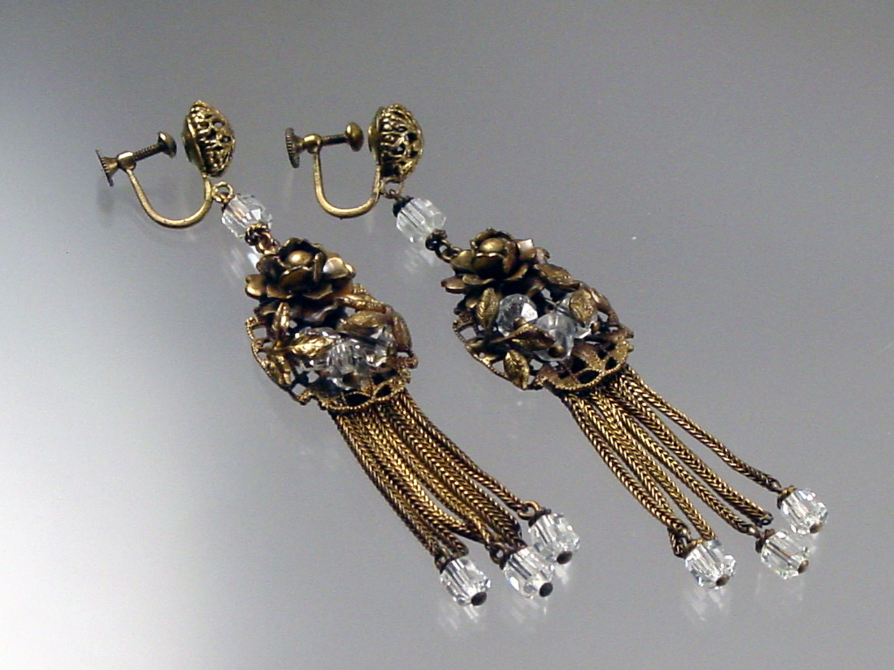 Ornate Brass Earrings Square Herringbone Dangles