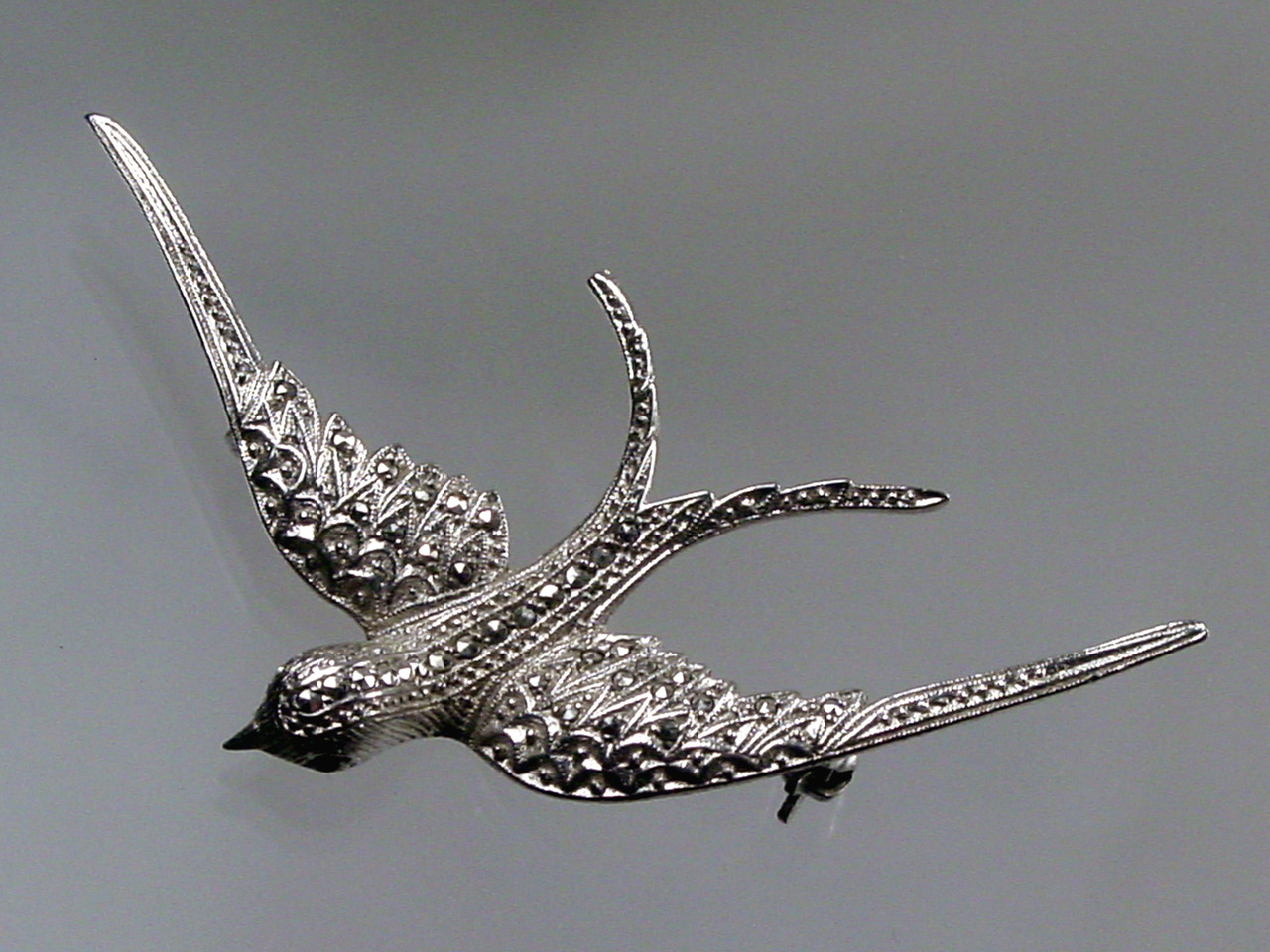 Swallow Marcasite PIn with Blue Rhinestone Eyes