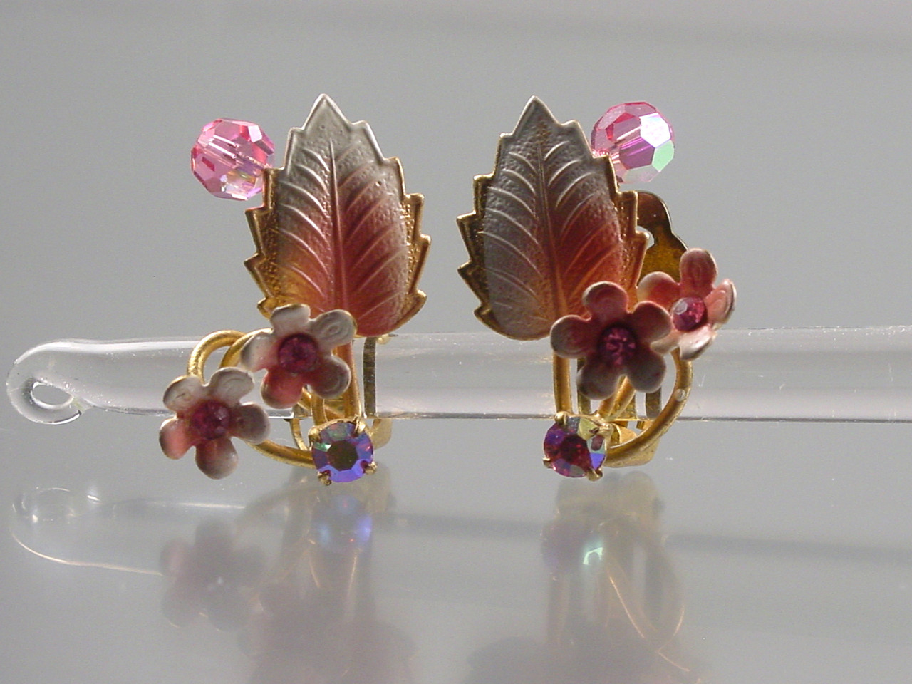 Pink Enamel Crystal Floral Clip Earrings