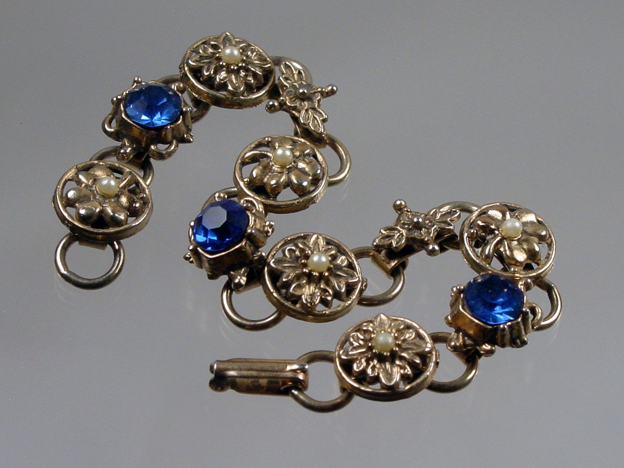 1970s Sapphire Rhinestones Victorian Panel Bracelet