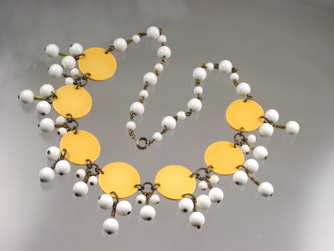 Yellow Disc Bakelite and Glass Necklace