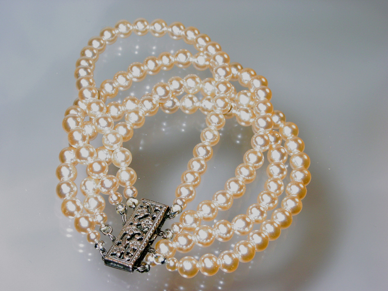 Multi Strand Glass Pearl Bracelet with Ornate Sterling Clasp from 1940's