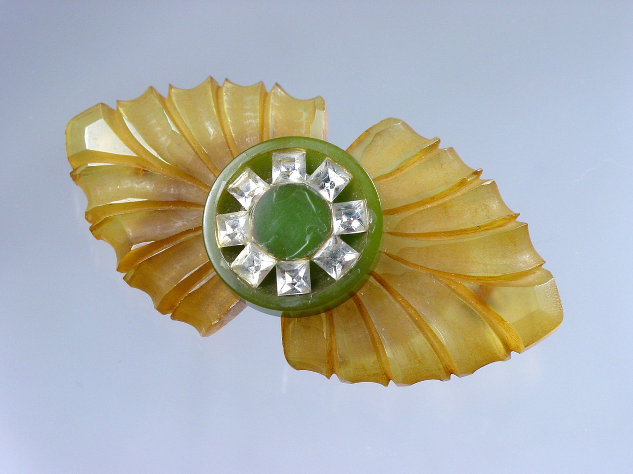 Vintage Carved Apple Juice Bakelite Brooch Square Rhinestones