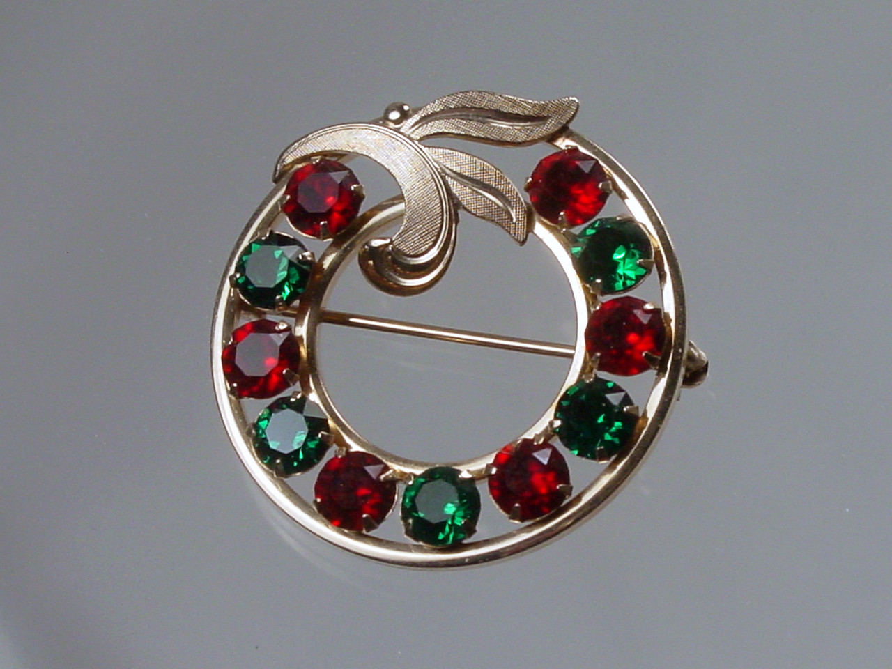 Gold Filled Van Dell Red & Green Rhinestone Brooch