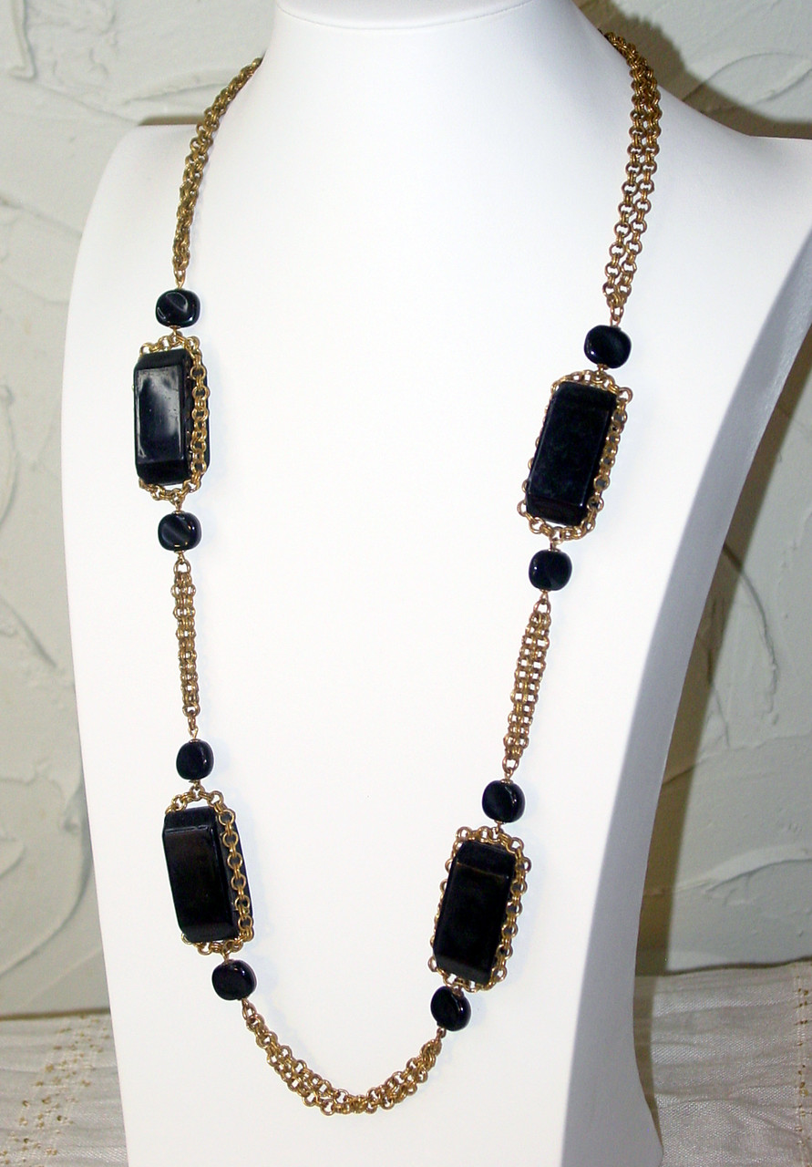 Miriam Haskell Russian Gold Gilt Necklace Black Lucite