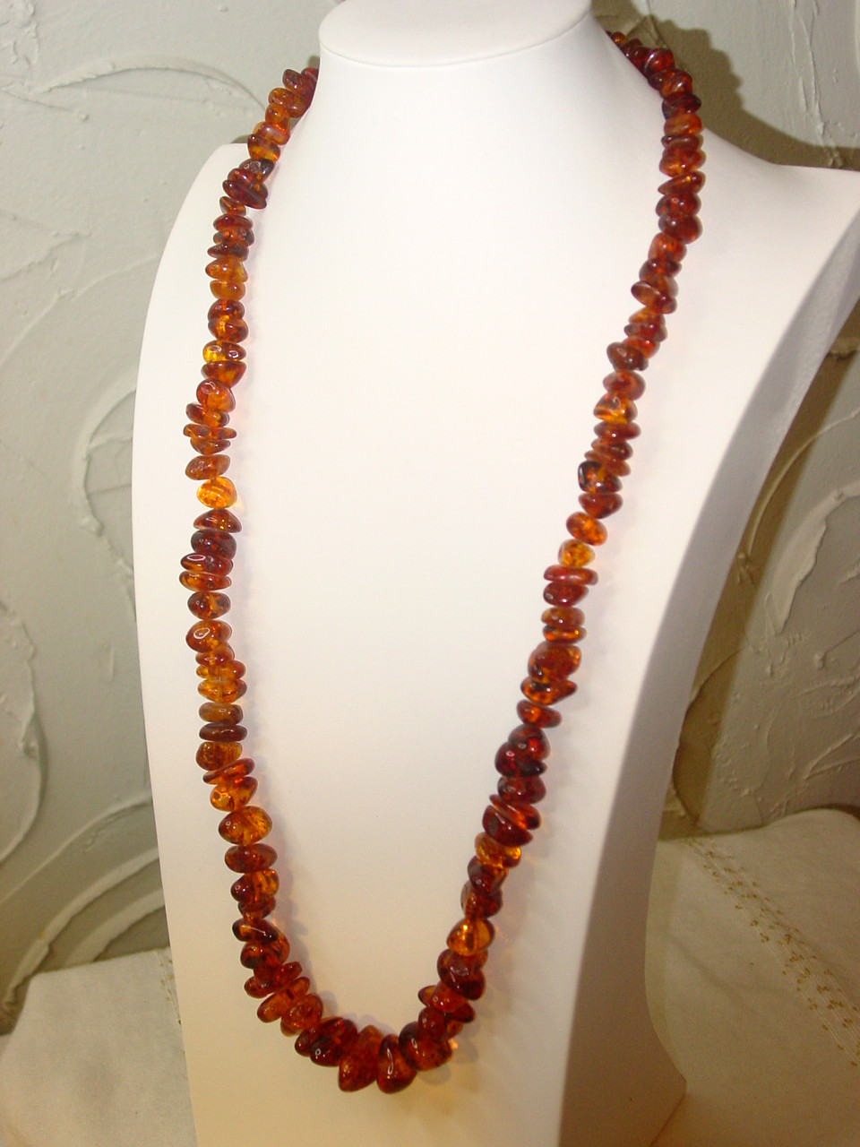 Vintage Baltic Amber Bead Long Necklace 14K Gold Clasp