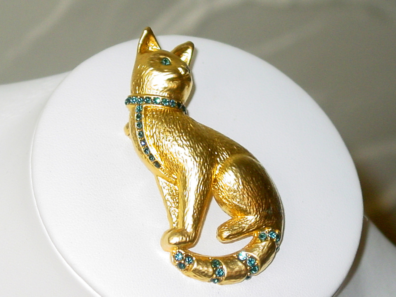 Tall Golden & Sapphire Rhinestone Cat Brooch