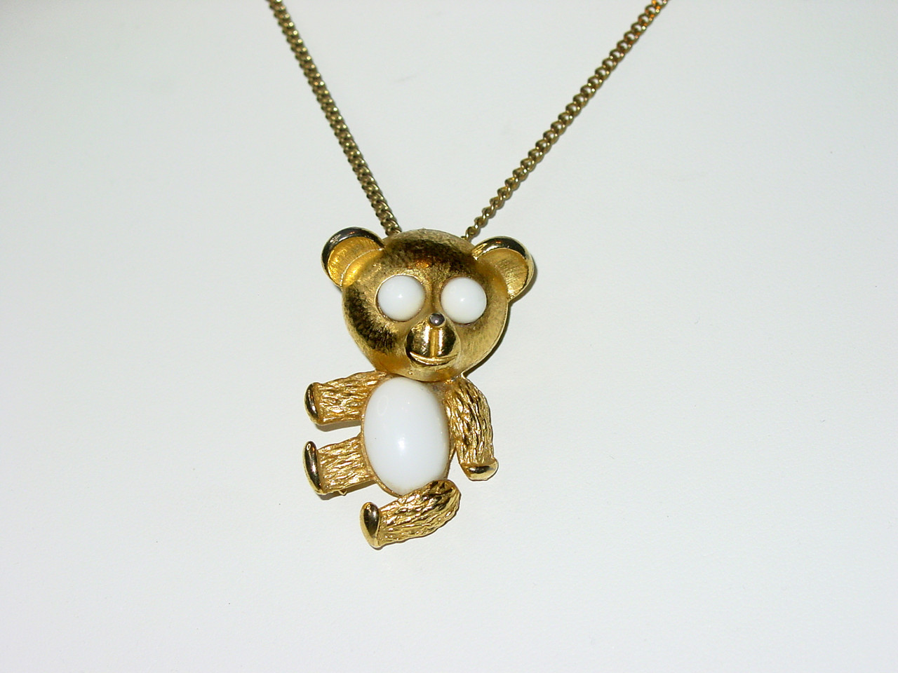 1960's Milk Glass Teddy Bear Brooch Necklace