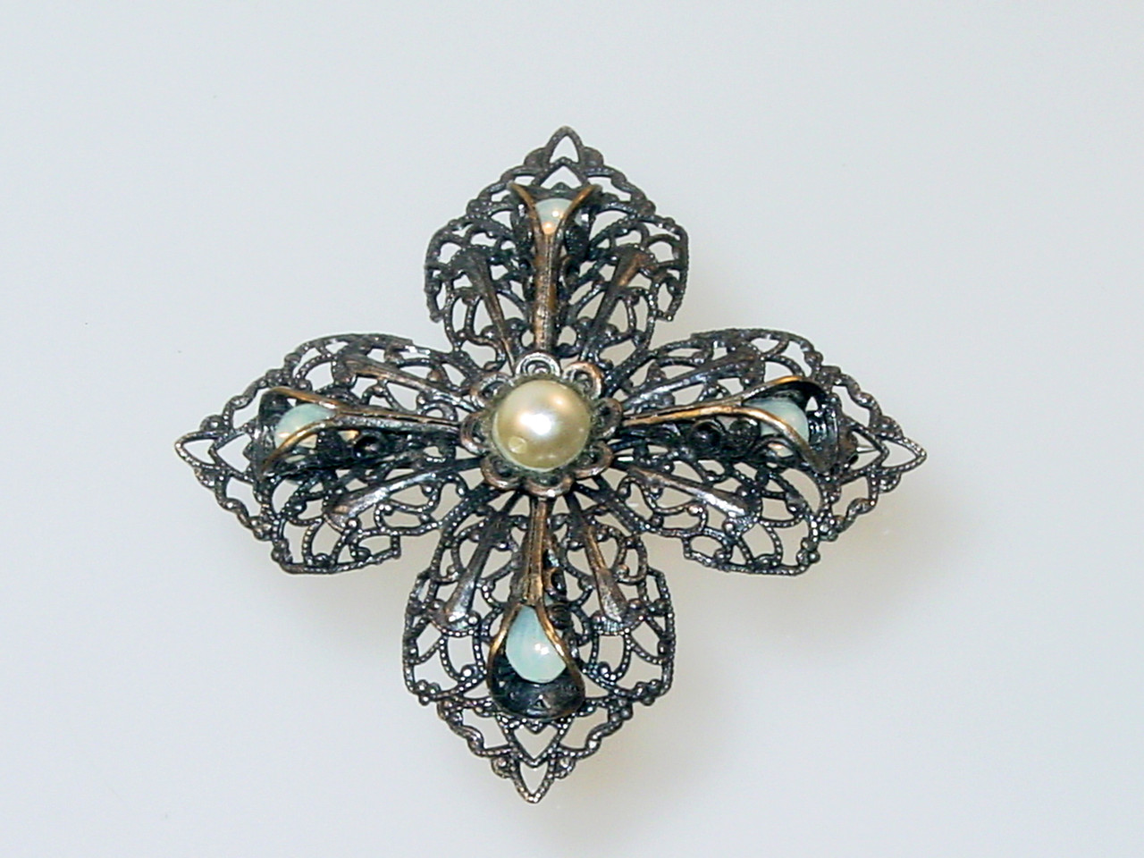 Maltese Cross Opal Glass Pearl Brooch