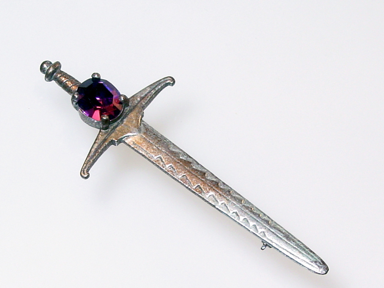 Tall Sword Brooch Purple Rhinestone