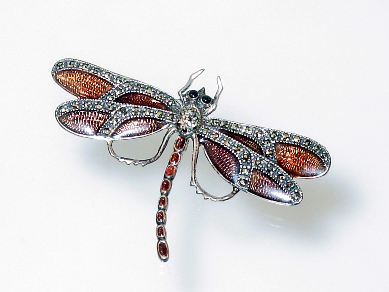 1980's Sterling Marcasite Enamel Dragonfly Brooch