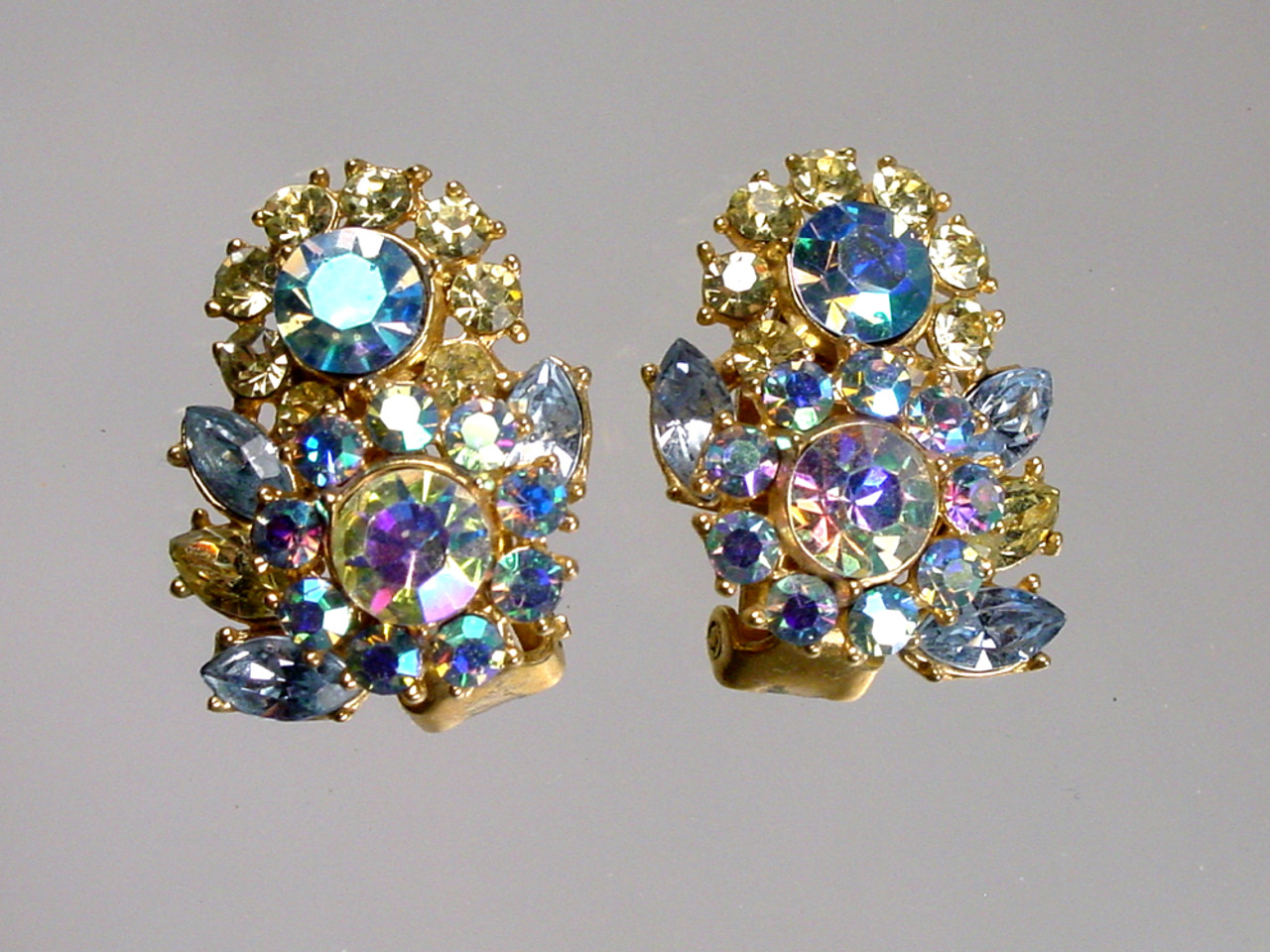 Crown Trifari Citrine Blue Clip Earrings