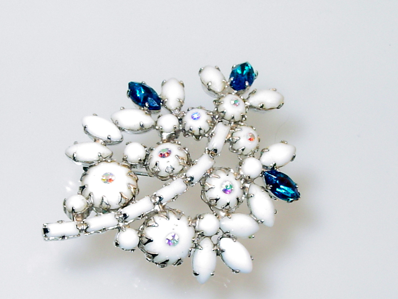 1960's Milk Glass with Blue Marquise Brooch