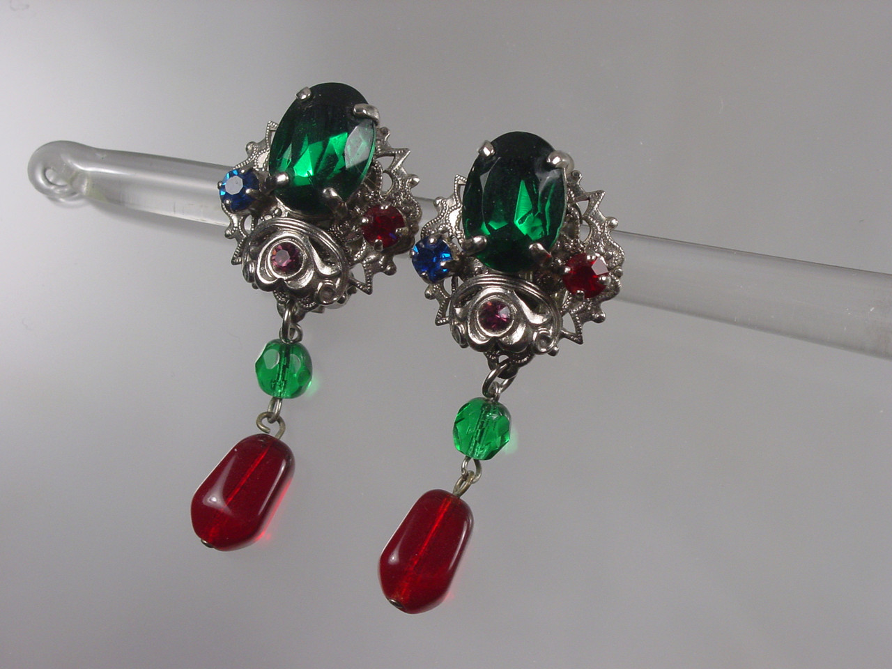 Large Green Rhinestone West Germany Clip Earrings