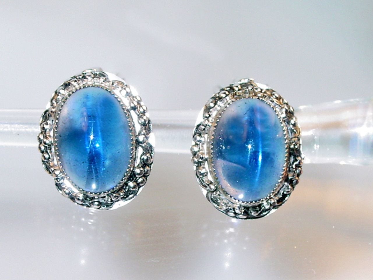Whiting and Davis Blue Glass Cab Earrings