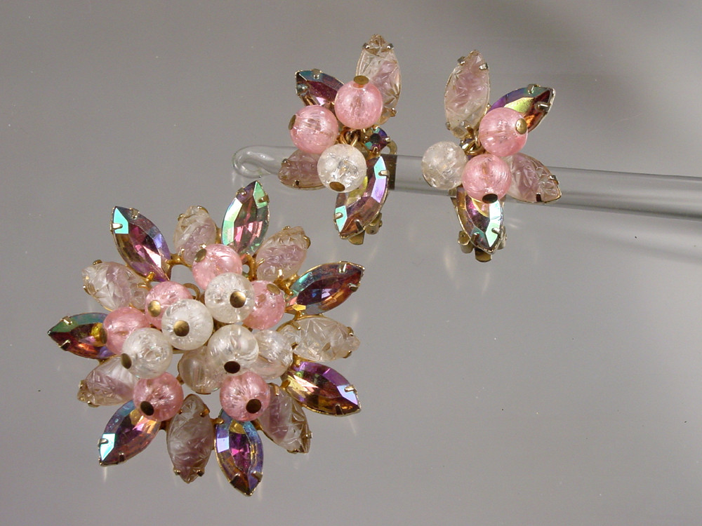 Juliana Pink Givre Crackle Beads Brooch & Earrings