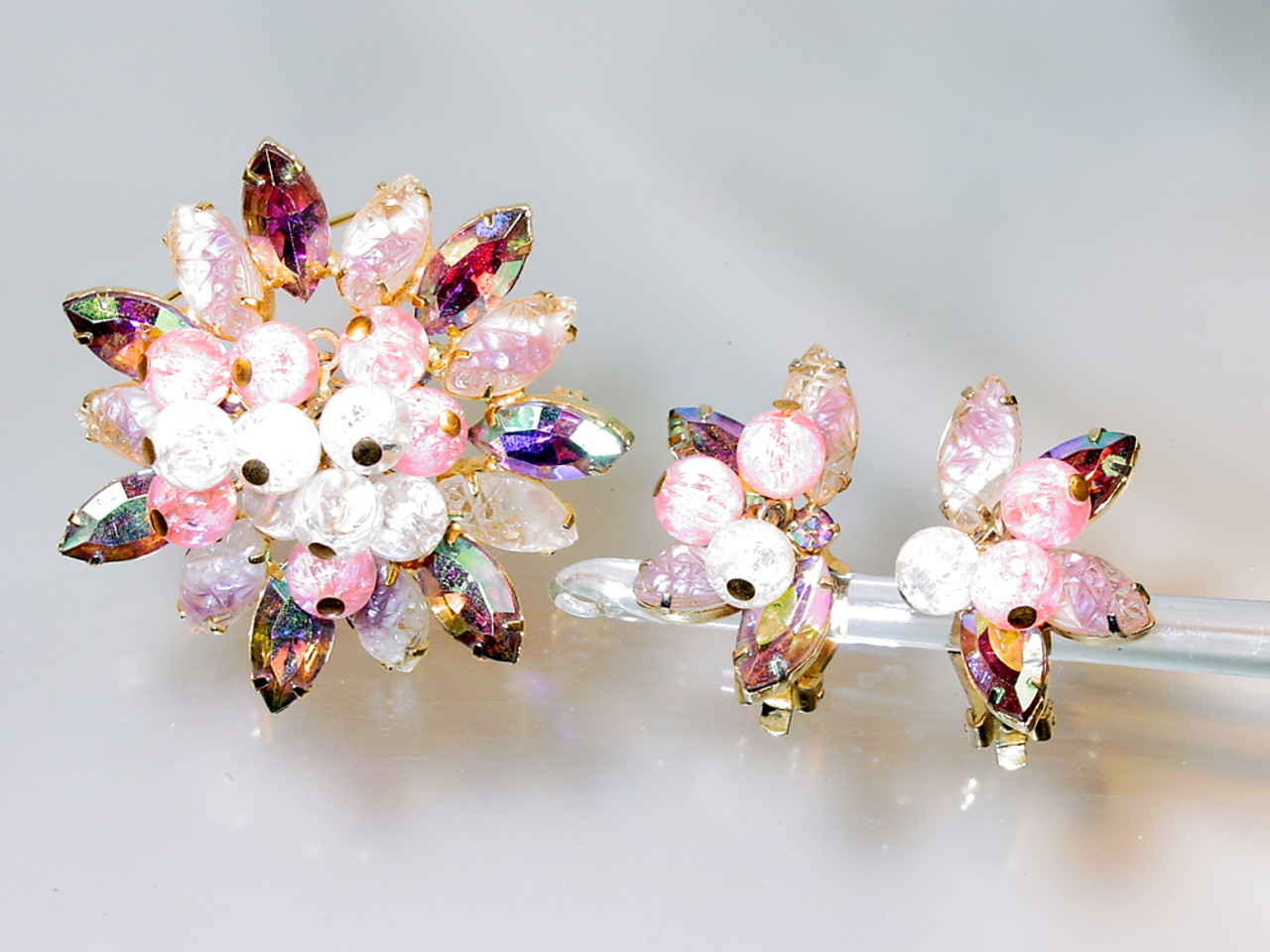 Pink Juliana D&E Brooch and Earrings with Crackle Beads