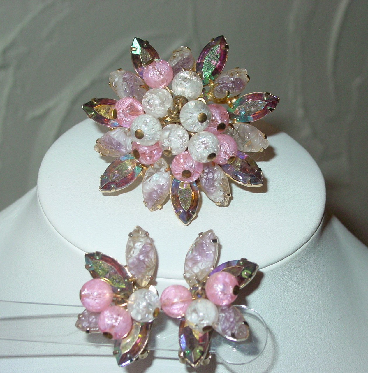 Juliana Pink Givre Crackle Beads Brooch & Earrings