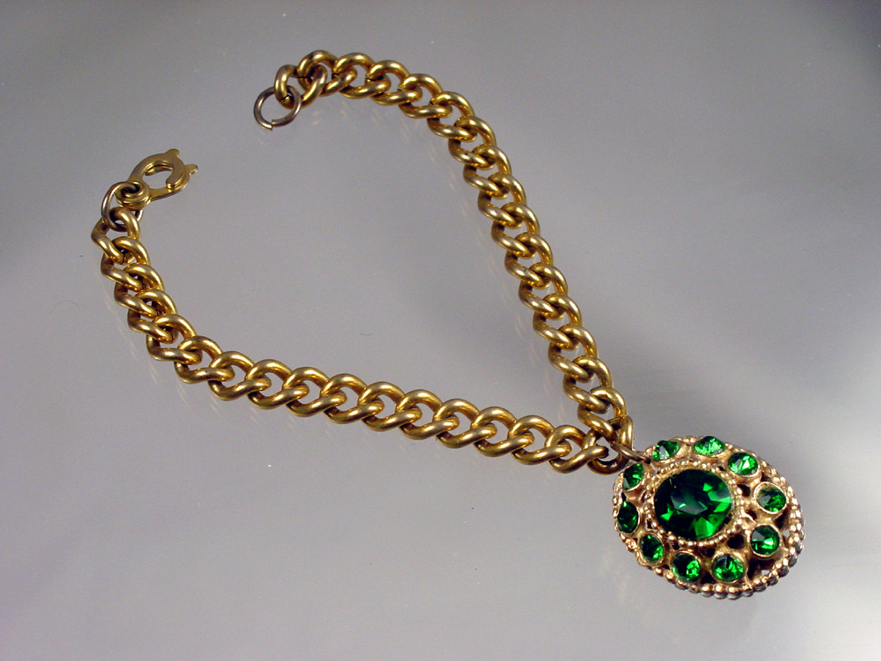 1960's Curb Chain Bracelet with Emerald Green Rhinestones
