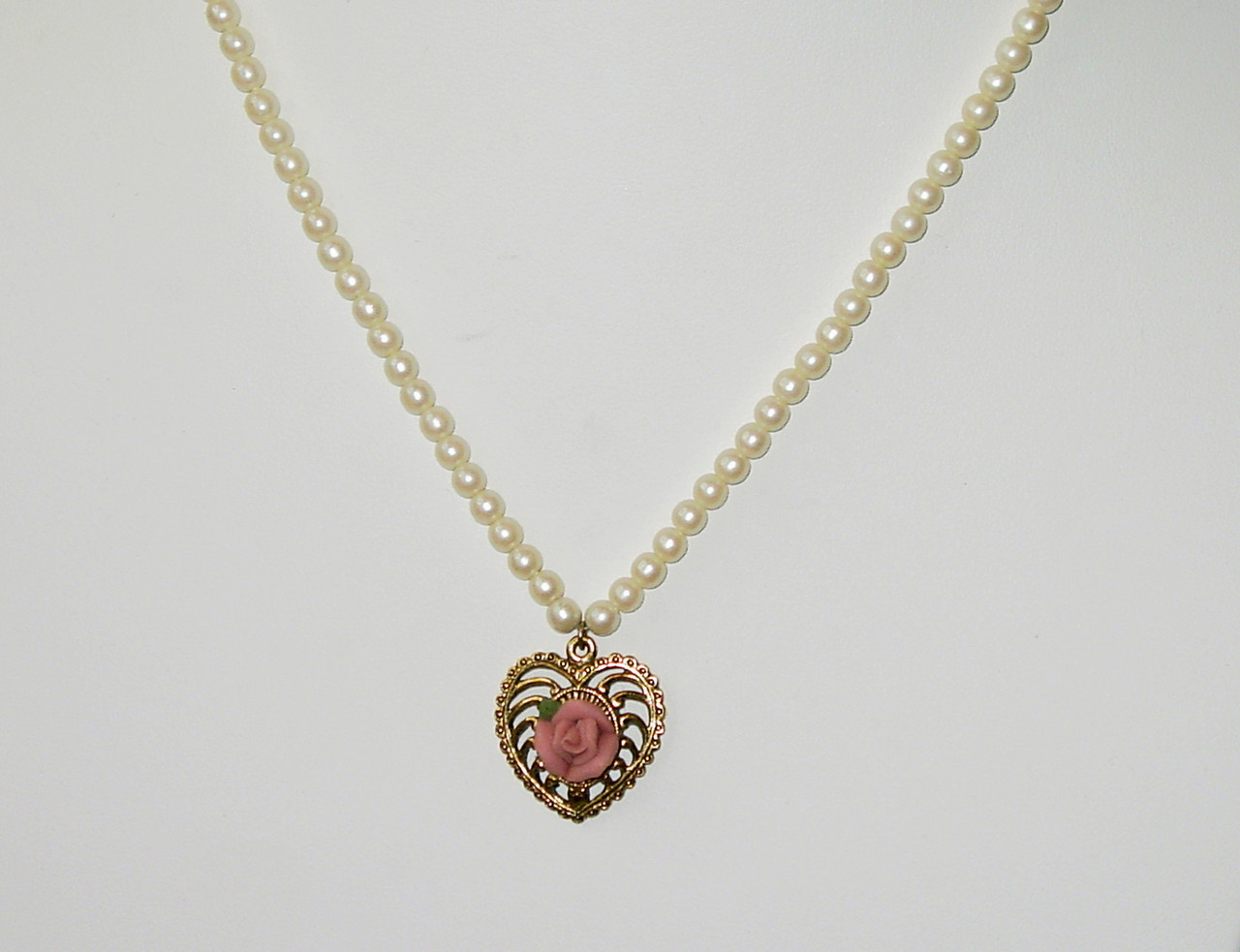 1980's Porcelain Rose Heart Necklace