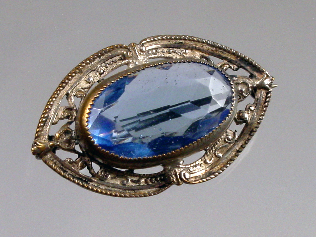 Antique Filigree Brooch Blue Glass Stone