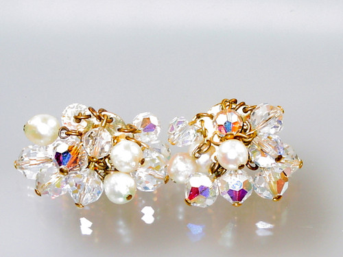 1960's Gold Filled Pearl Crystal Cha Cha Earrings 1960's Gold Filled Pearl Crystal Cha Cha Earrings