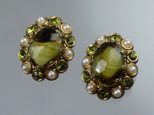 West Germany Earrings Porphyry Art Glass with Rhinestones & Pearls
