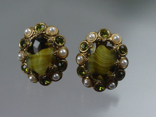 W. Germany Clip Earrings Art Glass and Rhinestones