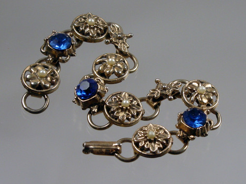 1970s Sapphire Rhinestones Victorian Panel Bracelet 1970s Sapphire Rhinestones Victorian Panel Bracelet