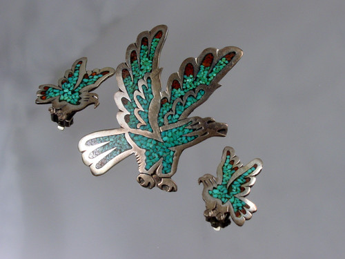 Charlie Singer Navajo Sterling Eagle Brooch Earrings Set Charlie Singer Navajo Sterling Eagle Brooch Earrings Set