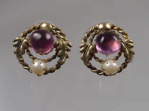 Triple Circle Amethyst & Pearl Posts Pierced Earrings