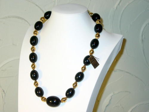 Crown Trifari Black & Gold Bead Necklace