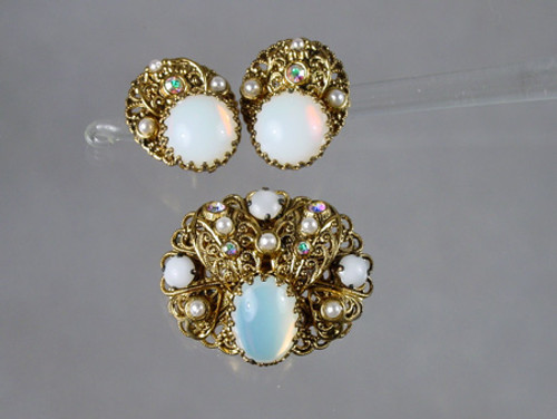 Glass moonstone pin and earrings from West Germany