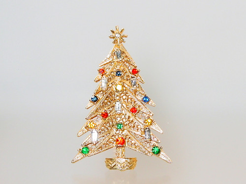 Signed Eisenberg Ice Christmas Tree Pin Clear and Green Rhinestones (item  #1380792)