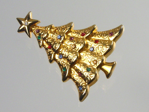 Detailed Multi Color Rhinestone Christmas Tree Pin