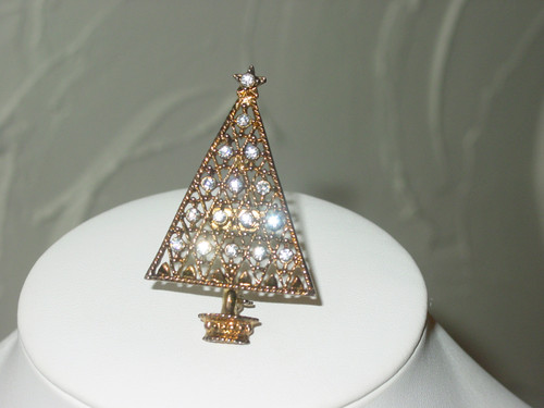 Antiqued-Gold-Tone Harlequin Christmas Tree Pin