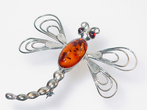 Large Vintage Silver Amber Dragonfly