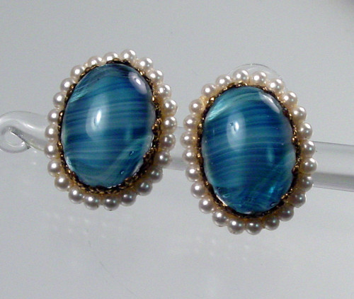 Germany Blue Porphyry Art Glass Pearl Earrings